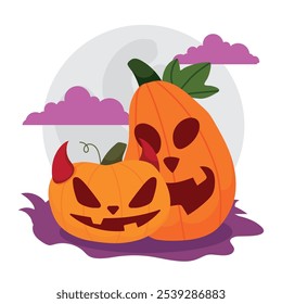 Pair of jack-o -lantern pumpkins with devil horns and spooky faces, full moon, Vector illustration