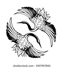 pair of japanese cranes flying with spread wings - elegant asian bird black and white vector design