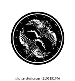 pair of japanese cranes flying with spread wings inside round shield - elegant asian bird black and white vector design