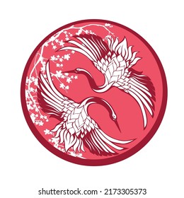 pair of japanese cranes flying with spread wings inside round emblem with blooming sakura tree branch  - elegant asian bird vector design