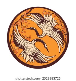 Paar japanische Kraniche fliegen mit ausgebreiteten Flügeln in rundem Emblem mit herbstfarbenen Ahornbaumzweigen - elegantes asiatisches Vogelvektor-Design