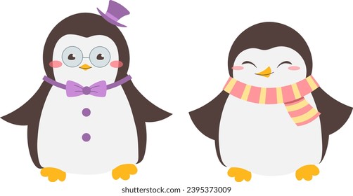 Pareja de pingüinos kawaii, niña con bufanda rosada, muchacho con corbata de arco y sombrero superior. Ilustración vectorial en estilo plano