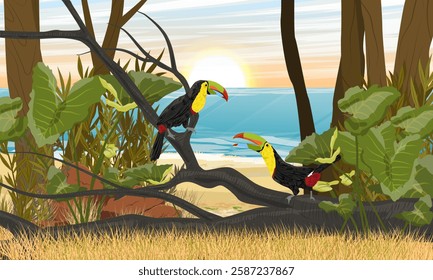 A pair of Keel-billed toucan sits on the branch of a fallen tropical tree. Realistic vector landscape.