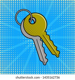 Pair of keys on a keychain. Pop art style - Vector