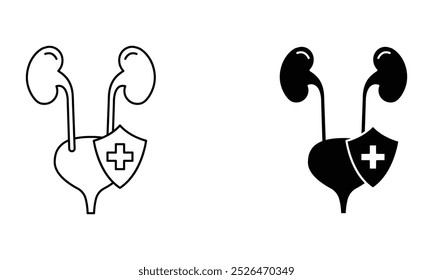 Pair of kidneys with bladder and medical shield symbol icon vector