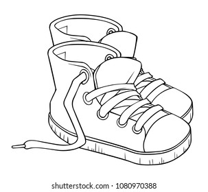 A pair of kids sneakers. Vector line art of casual sport plimsoll shoes isolated on white background.