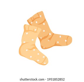 Pair of kids wool or cotton socks with polka dot print. Warm childish foot clothes with pattern. Colored flat cartoon vector illustration isolated on white background