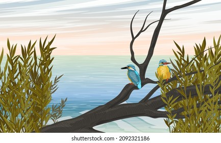 A pair of kingfishers sits on a branch on the shore of a large lake. Thickets of tall grass and clear blue skies. Realistic vector landscape