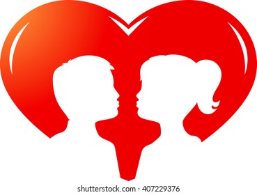 Pair of kissing children in heart. Vector