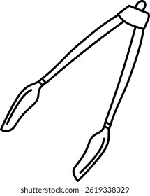 A pair of kitchen tongs depicted in a simple line art style. The utensil is shown with elongated handles and a gripping end. Cartoon vector illustration.