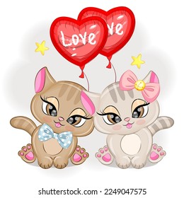 Pair of Kittens with balloons in the shape of a heart cute valentine vector illustration