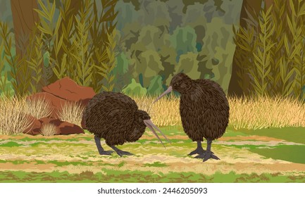 Un par de pájaros kiwi pasean por un prado con piedras y hierba. Fauna de la Nueva Zelanda. Paisaje de Vector realista