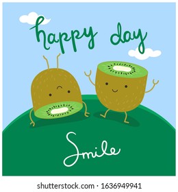 A pair of kiwi fruit dancing on the grass. Happy and smile. Vector flat illustration.