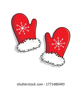 Pair of knitted christmas mittens isolated on white background. Vector illustration. Santa mitten icon. Christmas greeting card with mittens.