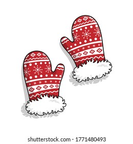 Pair of knitted christmas mittens isolated on white background. Vector illustration. Santa mitten icon. Christmas greeting card with mittens.