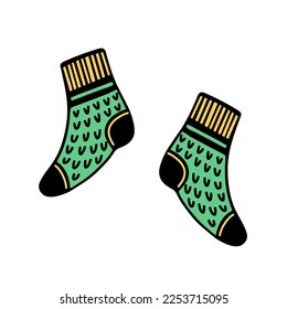 Pair of knitted green socks. Simple vector icon. Hand drawn doodle isolated on white. Soft warm clothes for feet. Homemade woolen stockings for winter. Flat cartoon clipart for cards, posters, prints