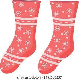 A pair of knitted red socks with a pattern. Collection of socks, winter illustration. A set of fashionable clothes in an individual style. Vector New Year's illustration. New Year and Christmas