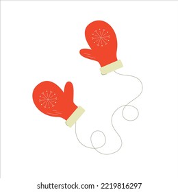 Pair of knitted red winter mittens. Vector illustration. Warm mitten icon. Christmas greeting card with mittens.