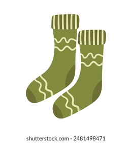 Pair of knitted socks with a green pattern, hand-drawn in a flat style. vector illustration concept of warmth and comfort during cold time. For a holiday card, banner, menu, flyer.
