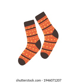 Pair of knitted socks with ornament. Warm woolen foot clothes. Colored flat vector illustration isolated on white background