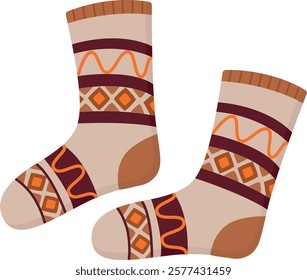 Pair of knitted warm socks with decorative patterns. Cute winter clothes