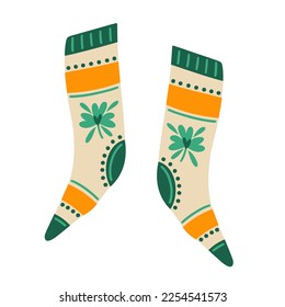 Pair of knitted warm socks. Simple vector icon. Soft cozy stockings for St. Patrick's Day. Irish wool accessory with a clover leaf. Shamrock on clothes for good luck. Flat clipart for cards, posters