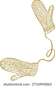 Pair of knitted winter mittens vector illustration isolated on white background, Line Art