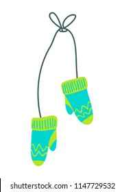Pair of knitted wool warm mittens on thin thread tied in bow isolated cartoon flat vector illustration on white background. Winter garment for palms.