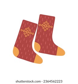 A pair of knitted woolen, warm, red socks with an ornament. Winter and autumn accessories for coziness. Flat vector illustration