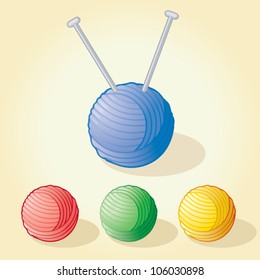 A pair of knitting needles and stylized balls of wool/yarn in four different colors.