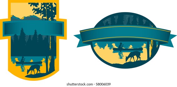Pair of labels with a canoe scene illustration.