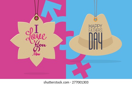 Pair of labels with text for mother and father's day. Vector illustration