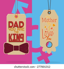 Pair of labels with text for mother and father's day. Vector illustration