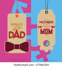Pair of labels with text for mother and father's day. Vector illustration