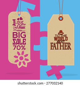 Pair of labels with text for mother and father's day. Vector illustration