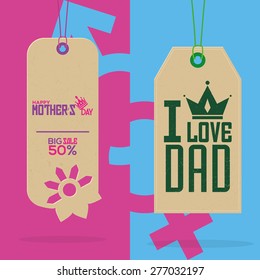 Pair of labels with text for mother and father's day. Vector illustration