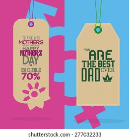 Pair of labels with text for mother and father's day. Vector illustration