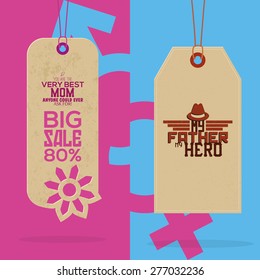 Pair of labels with text for mother and father's day. Vector illustration