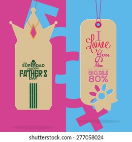 Pair of labels with text for mother and father's day. Vector illustration