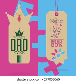 Pair of labels with text for mother and father's day. Vector illustration
