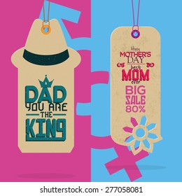 Pair of labels with text for mother and father's day. Vector illustration