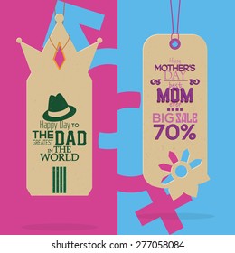 Pair of labels with text for mother and father's day. Vector illustration