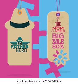 Pair of labels with text for mother and father's day. Vector illustration