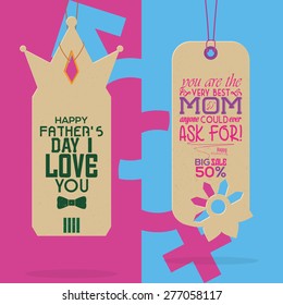 Pair of labels with text for mother and father's day. Vector illustration