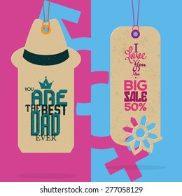 Pair of labels with text for mother and father's day. Vector illustration