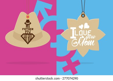 Pair of labels with text for mother and father's day. Vector illustration