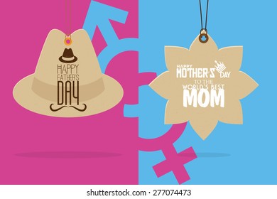 Pair of labels with text for mother and father's day. Vector illustration