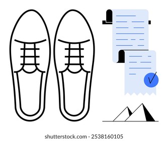 Pair of lace-up shoes beside a receipt with a blue checkmark and simple pyramids in the background. Ideal for e-commerce, fashion, retail, business, minimalism. Clean lines style