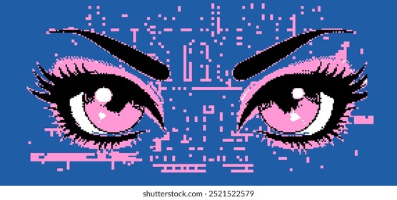 Pareja de Grande y expresivo, 
 Video Estilizado, ojos de anime pixelados en estilo de inspiración retro de la década de 1980 o principios de la década de 1990 arte digital y estética de juego.