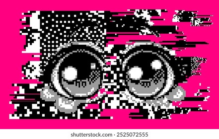 Par de grandes e expressivos, 
 olhos de anime estilizados e pixelados em estilo retro-inspirado da arte digital т1990s e estética de videogame.